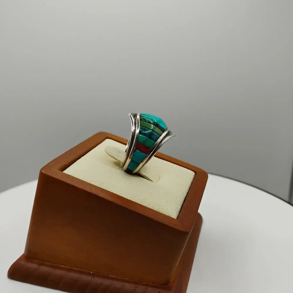Native American Hopi Turquoise Inlay Ring Size 6.25 - Picture 4 of 8